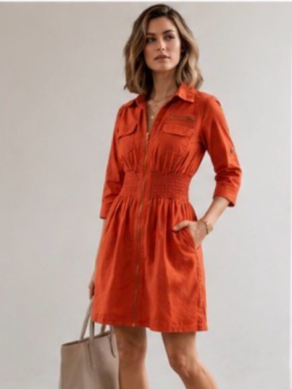 Chic Utility Zip-Front Smocked Dress